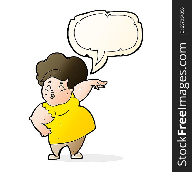 cartoon happy overweight lady with speech bubble