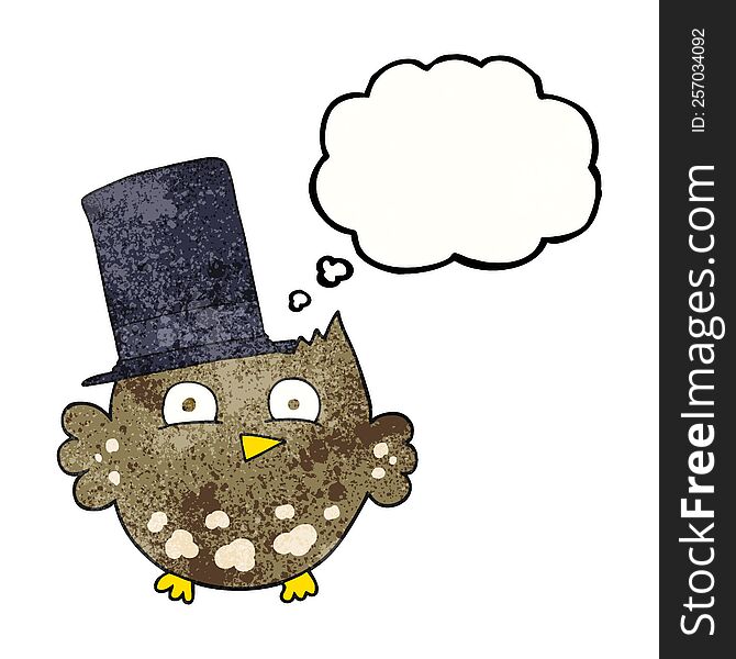 freehand drawn thought bubble textured cartoon little owl with top hat