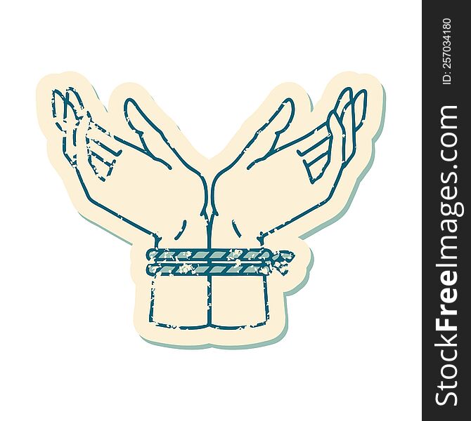 Distressed Sticker Tattoo Style Icon Of A Pair Of Tied Hands