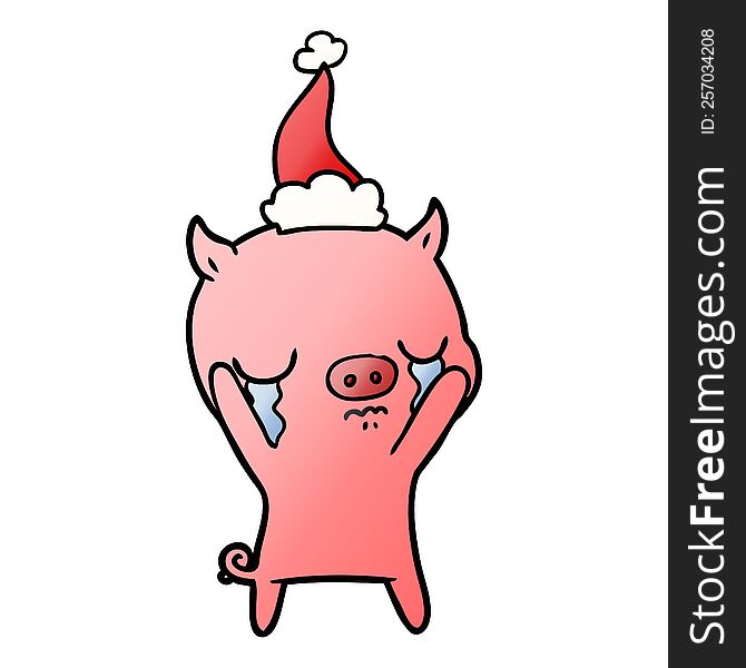 hand drawn gradient cartoon of a pig crying wearing santa hat