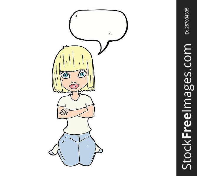 Cartoon Woman Kneeling With Speech Bubble