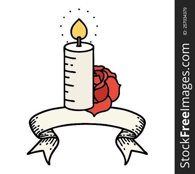 Tattoo With Banner Of A Candle And A Rose