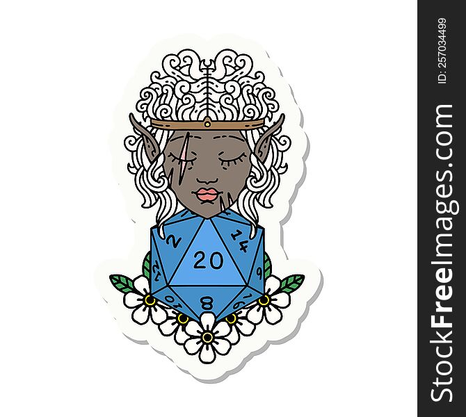 sticker of a elf barbarian character with natural twenty dice roll. sticker of a elf barbarian character with natural twenty dice roll