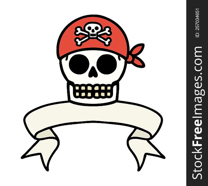 traditional tattoo with banner of a pirate skull