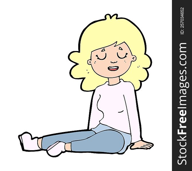 cartoon happy woman sitting on floor