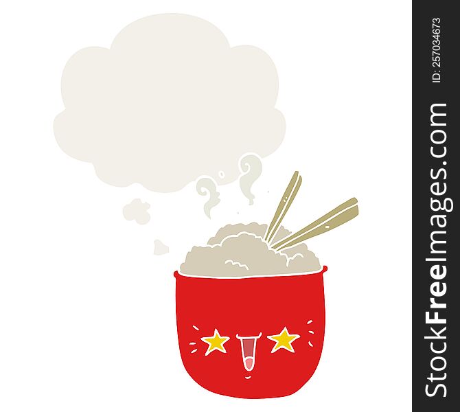 cartoon rice bowl with face with thought bubble in retro style