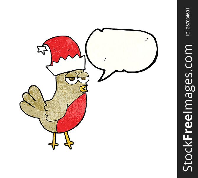 Speech Bubble Textured Cartoon Robin In Christmas Hat