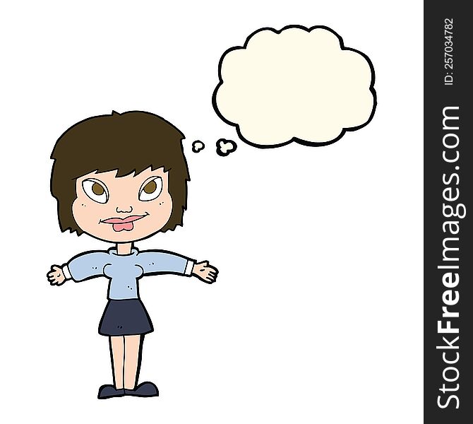 Cartoon Woman With Open Amrs With Thought Bubble