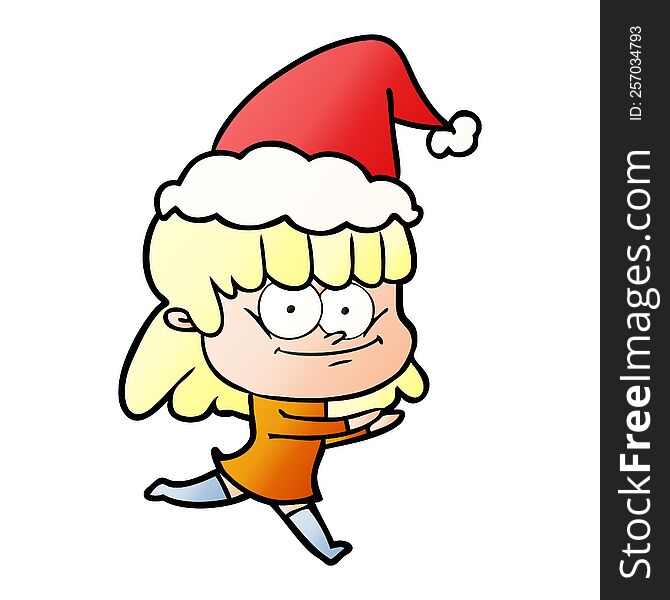 hand drawn gradient cartoon of a smiling woman wearing santa hat