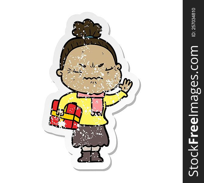 distressed sticker of a cartoon annoyed old lady