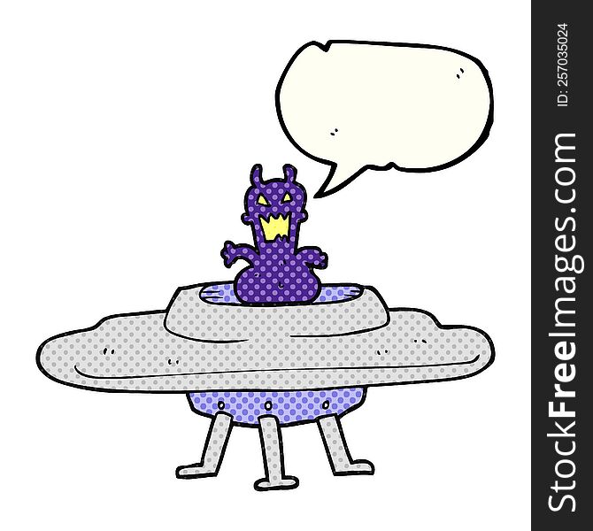 Comic Book Speech Bubble Cartoon Alien In Flying Saucer