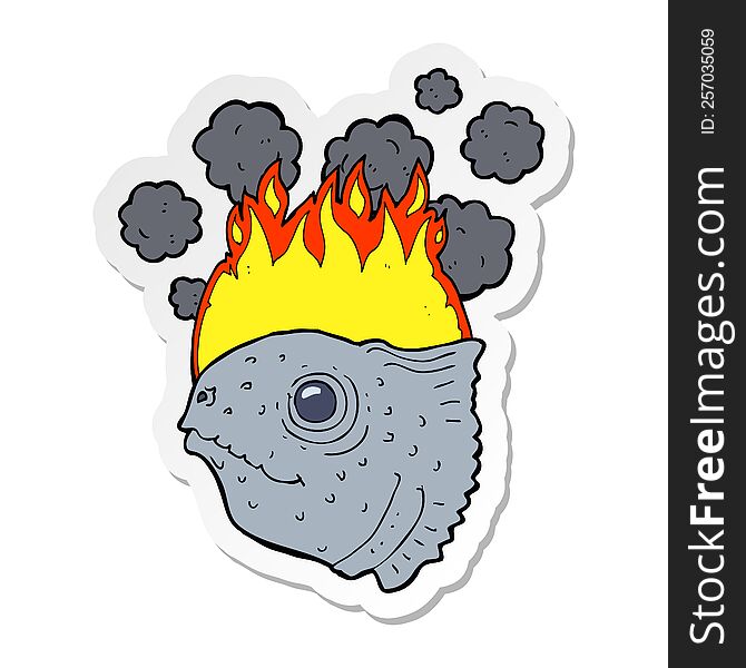sticker of a cartoon burning fish head