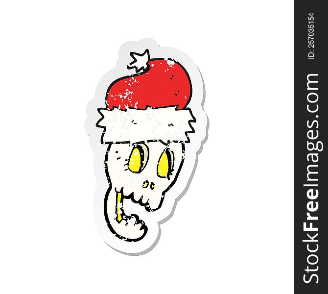 Retro Distressed Sticker Of A Cartoon Christmas Hat On Skull