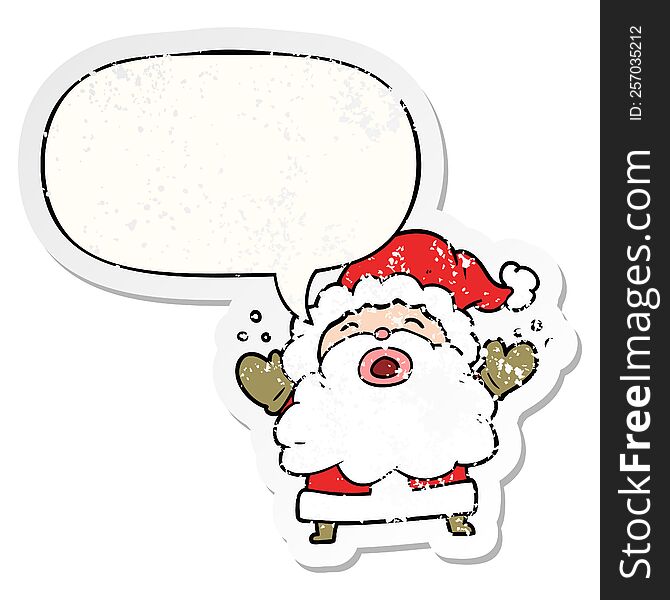 cartoon santa claus shouting in frustration with speech bubble distressed distressed old sticker. cartoon santa claus shouting in frustration with speech bubble distressed distressed old sticker