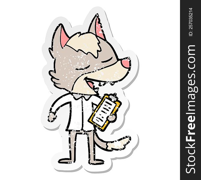 Distressed Sticker Of A Cartoon Saleman Wolf Laughing