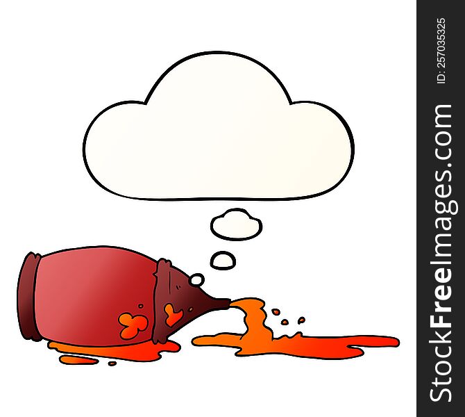 cartoon spilled ketchup bottle with thought bubble in smooth gradient style
