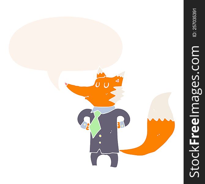 Cartoon Fox Businessman And Speech Bubble In Retro Style