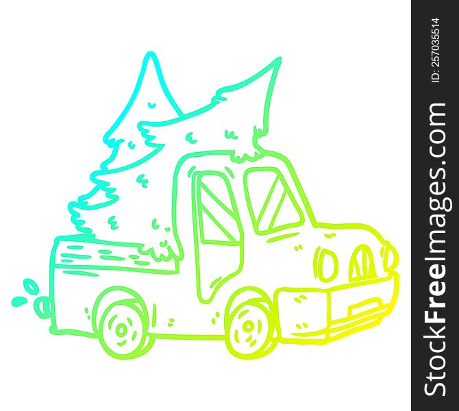 cold gradient line drawing of a pickup truck carrying christmas trees