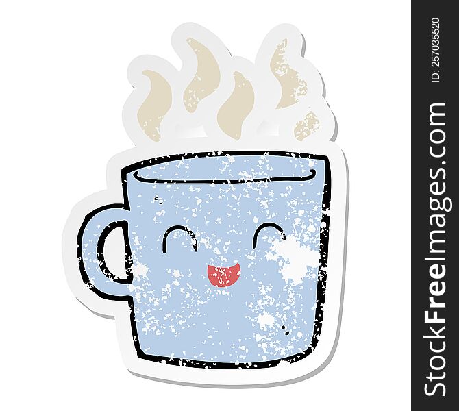 distressed sticker of a cute coffee cup cartoon
