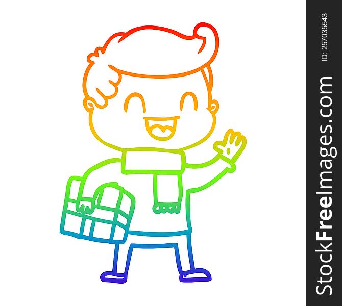 rainbow gradient line drawing of a cartoon laughing man holding gift