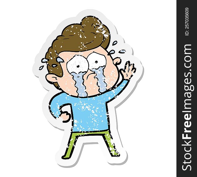 Distressed Sticker Of A Cartoon Crying Man Waving