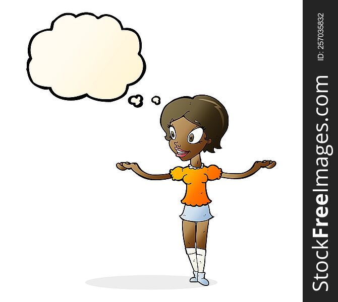 cartoon woman with arms spread wide with thought bubble