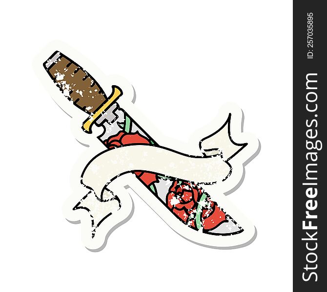 Grunge Sticker With Banner Of A Dagger And Flowers