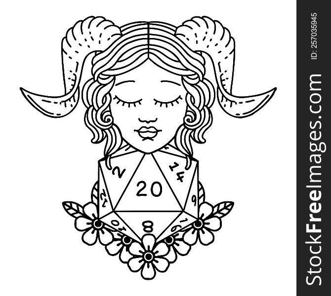 Black and White Tattoo linework Style tiefling with natural 20 D20 dice roll. Black and White Tattoo linework Style tiefling with natural 20 D20 dice roll