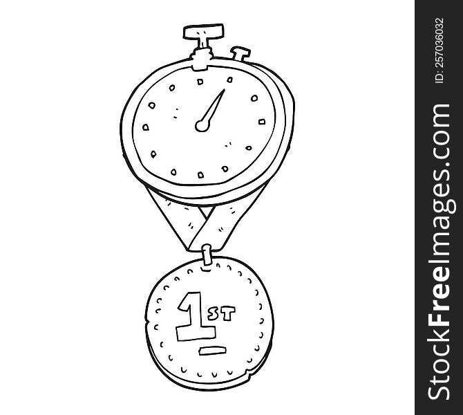 freehand drawn black and white cartoon stopwatch and medal