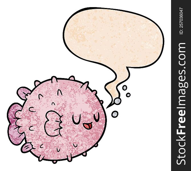 Cartoon Blowfish And Speech Bubble In Retro Texture Style