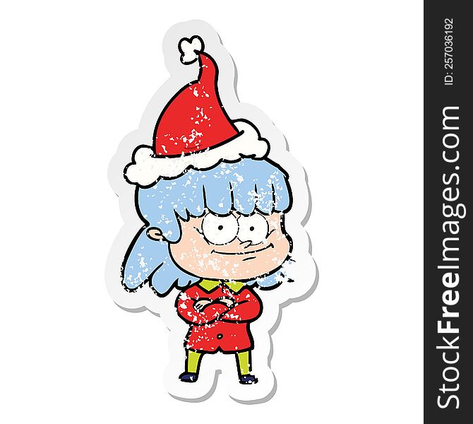 hand drawn distressed sticker cartoon of a smiling woman wearing santa hat