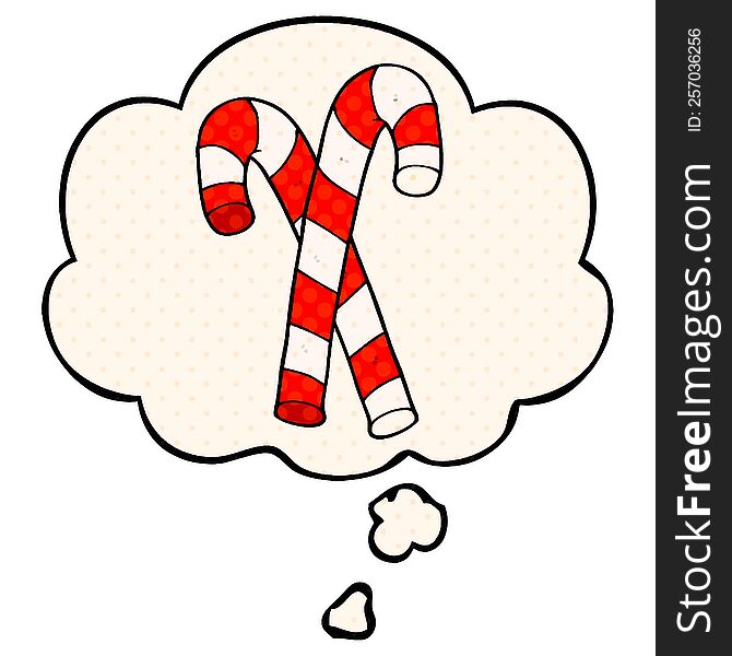 cartoon candy canes with thought bubble in comic book style