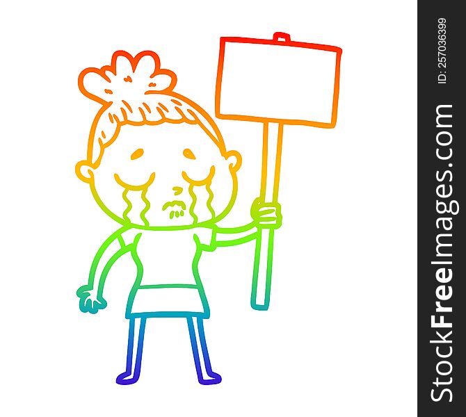 rainbow gradient line drawing of a cartoon crying woman with protest sign