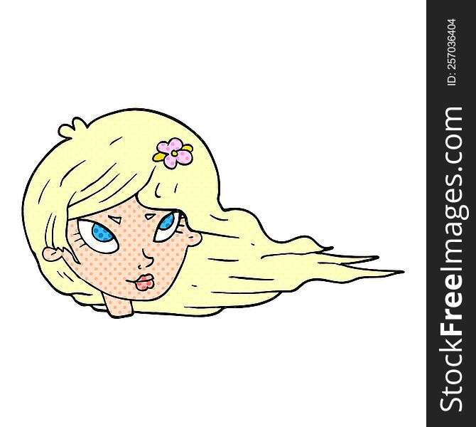 freehand drawn cartoon woman with blowing hair