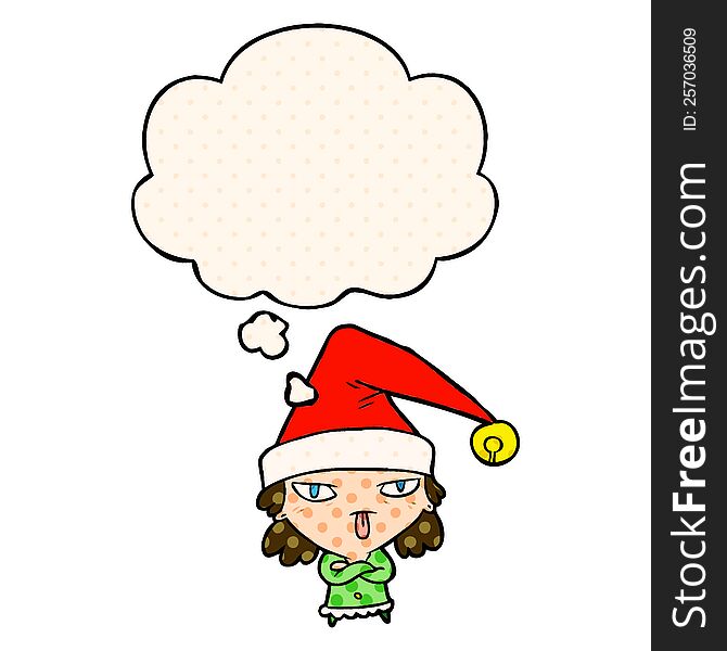 Cartoon Girl Wearing Christmas Hat And Thought Bubble In Comic Book Style