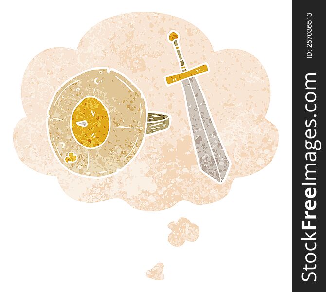 cartoon shield and sword with thought bubble in grunge distressed retro textured style. cartoon shield and sword with thought bubble in grunge distressed retro textured style