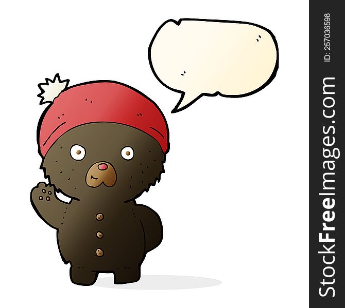 Cartoon Waving Black Teddy Bear In Winter Hat With Speech Bubble