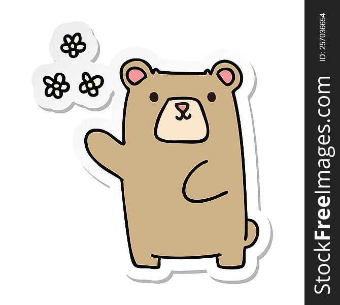 Sticker Of A Quirky Hand Drawn Cartoon Bear And Flowers