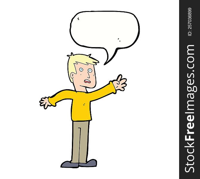 Cartoon Worried Man Reaching With Speech Bubble