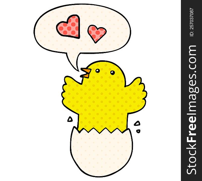 cute hatching chick cartoon with speech bubble in comic book style