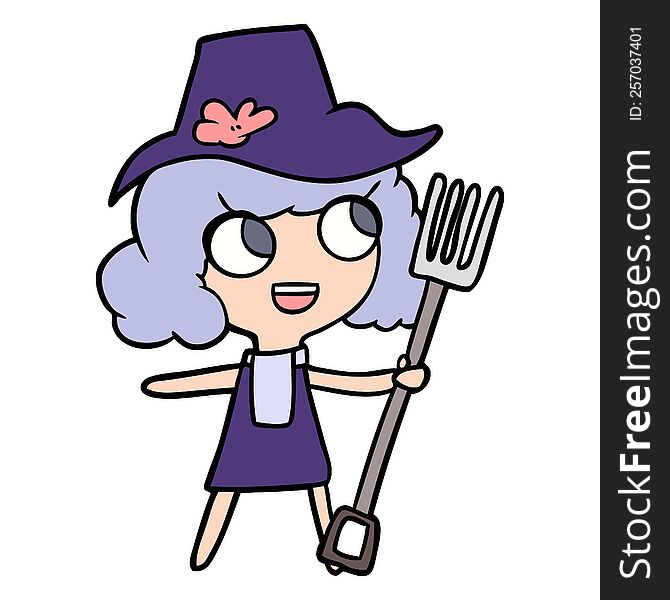 cartoon farmer girl with fork. cartoon farmer girl with fork