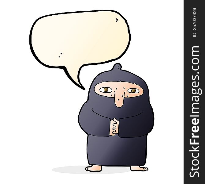 cartoon monk in robe with speech bubble