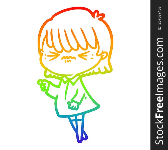 rainbow gradient line drawing of a annoyed cartoon girl making accusation