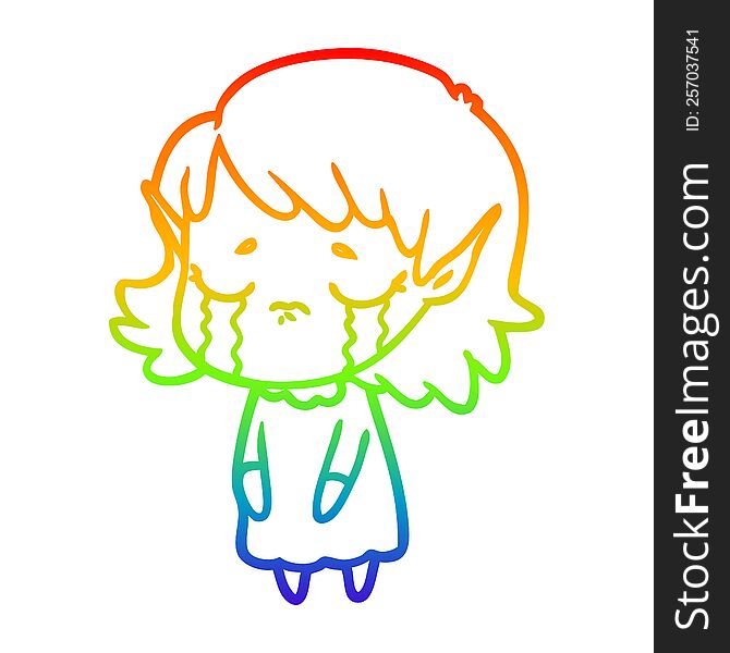 rainbow gradient line drawing of a crying cartoon elf girl