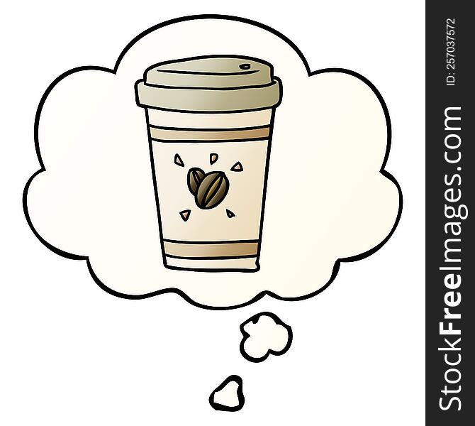 cartoon takeout coffee with thought bubble in smooth gradient style