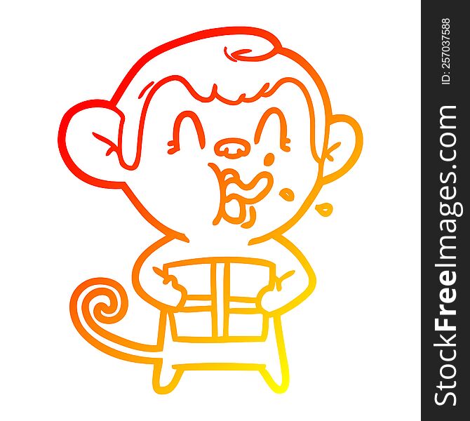 Warm Gradient Line Drawing Crazy Cartoon Monkey With Christmas Present