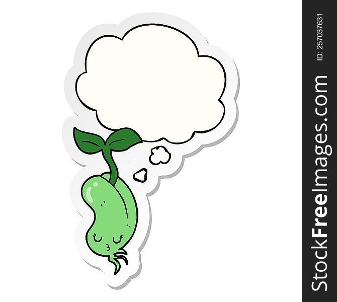 cartoon sprouting bean with thought bubble as a printed sticker