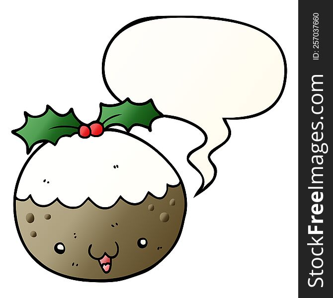Cute Cartoon Christmas Pudding And Speech Bubble In Smooth Gradient Style