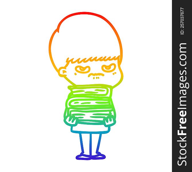 rainbow gradient line drawing of a angry cartoon boy with books