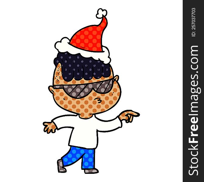 hand drawn comic book style illustration of a boy wearing sunglasses pointing wearing santa hat